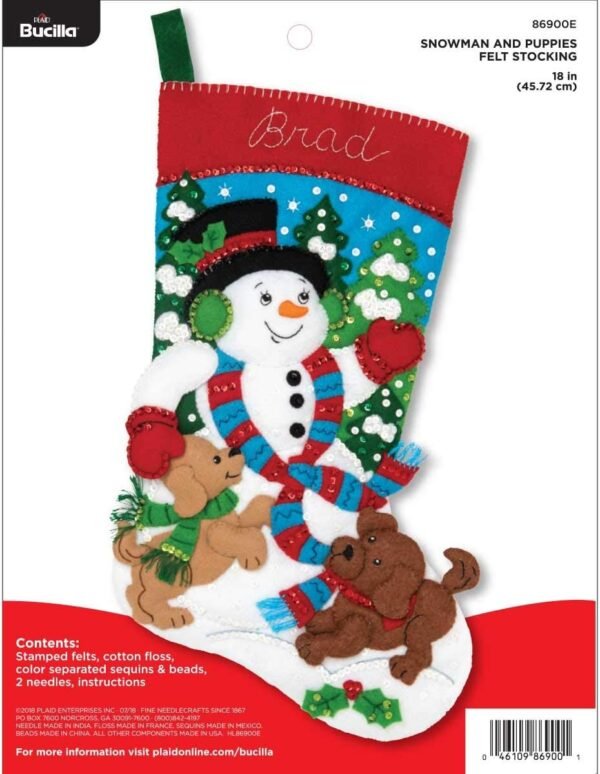 Bucilla Snowman and Puppies | Felt Applique Christmas Stocking Kit | 86900E
