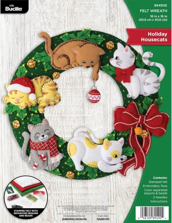 Bucilla Holiday Housecats | Felt Applique Wreath Kit | 89490E