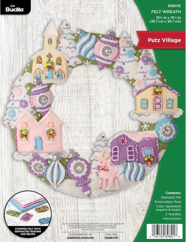 Bucilla Putz Village | Kit de corona navideña de fieltro | 89801E